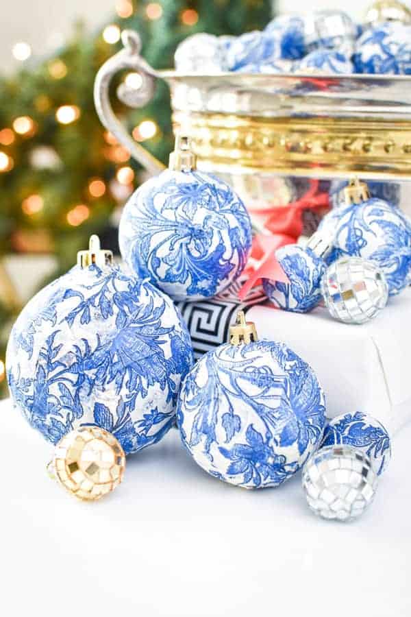 Dollar store DIY Christmas Ornaments in blue and white.