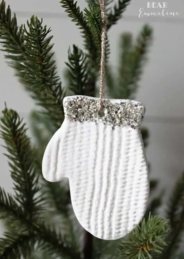 Clay mitten DIY Christmas Ornament with silver glitter cuff.