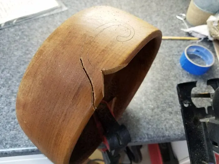 Second cut into wooden bowl with jigsaw.