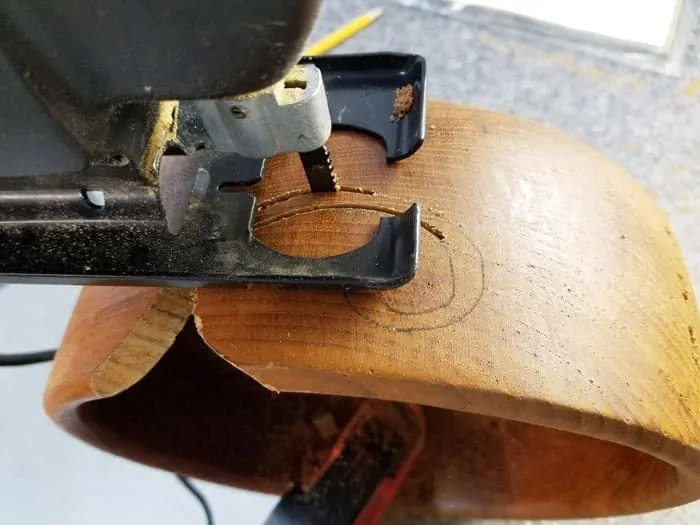 Cutting swoosh area in diy yarn bowl.