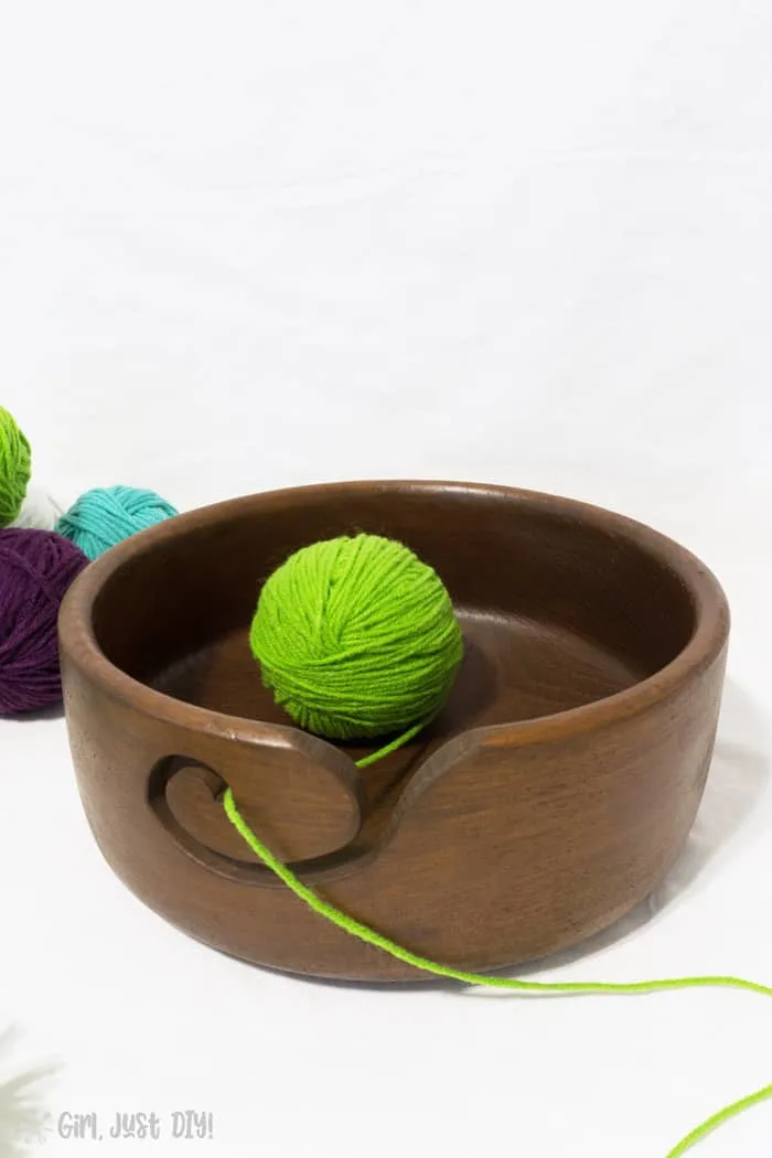 DIY Yarn Bowl with green yarn ball.
