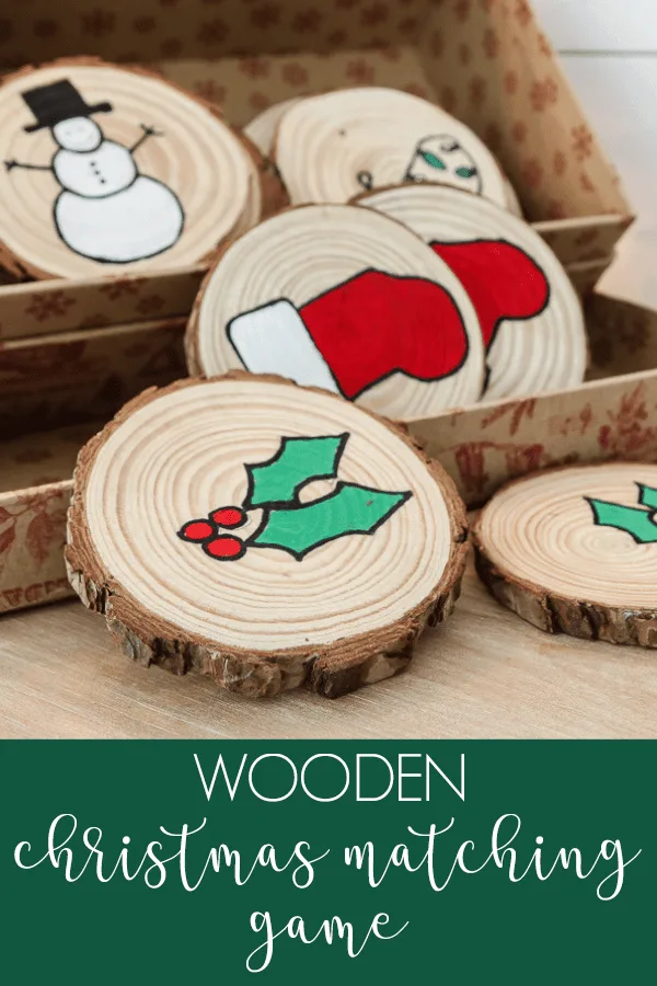 wood slice memory game, green holly and red stocking pieces