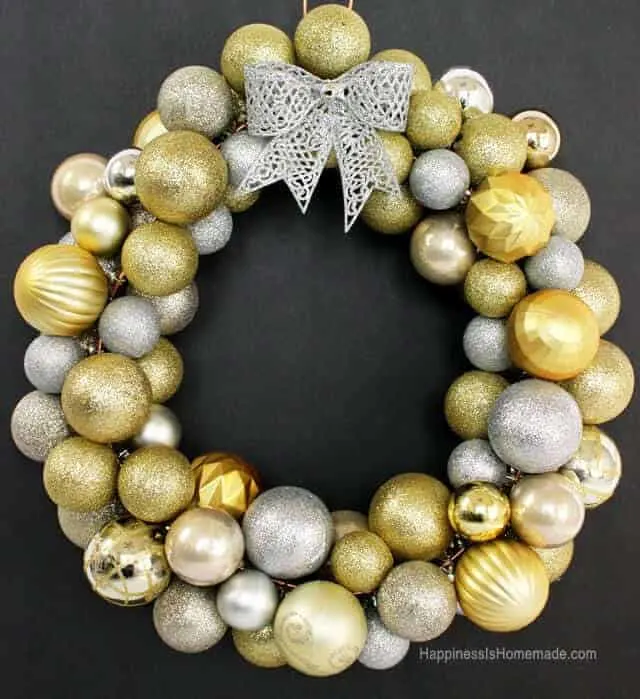Sparkly Christmas Wreath made from silver and gold ornaments.