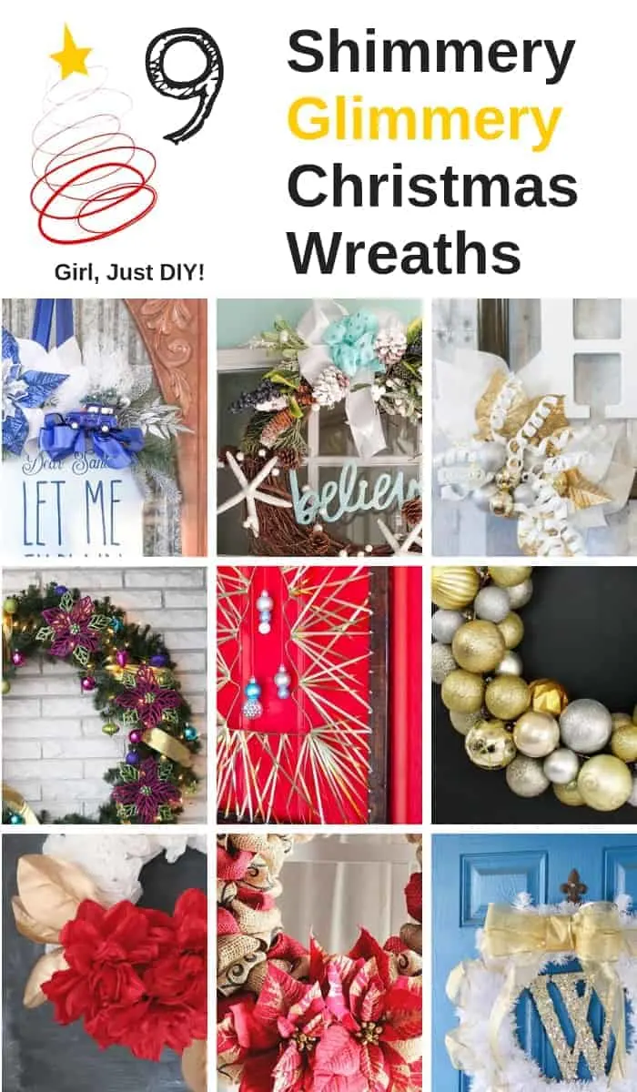 Nine Sparkly Christmas Wreaths in a pinterest graphic.