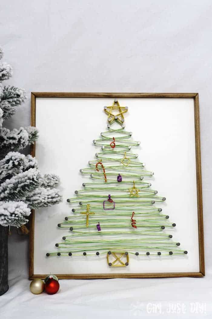 Completed string art christmas tree front view.