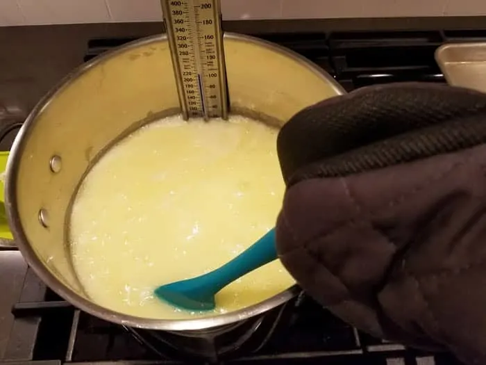 Ingredients for Homemade English Toffee melting in pot at 220 degrees.