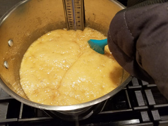 Ingredients for Homemade English Toffee melting in pot at 260 degrees.