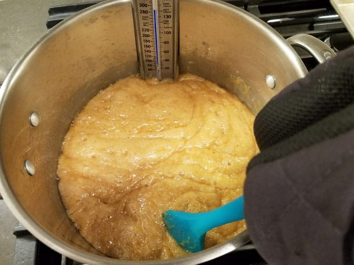 Ingredients for Homemade English Toffee melting in pot at 285 degrees.