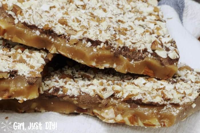 Closeup of Homemade English Toffee stacked up.