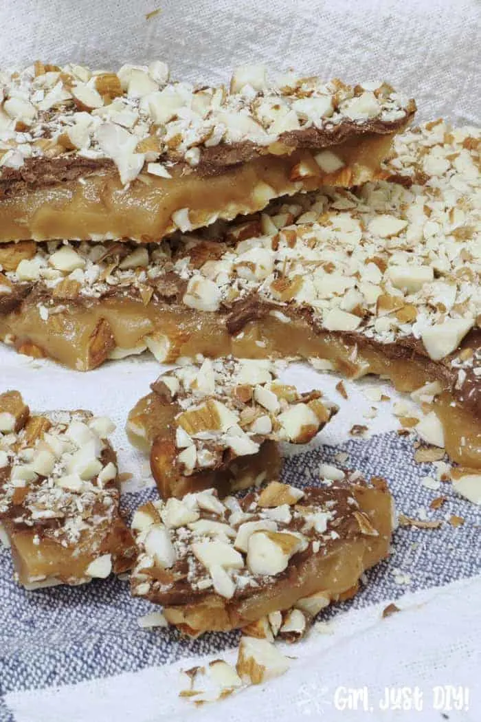 Stacked pieces of homemade english toffee.