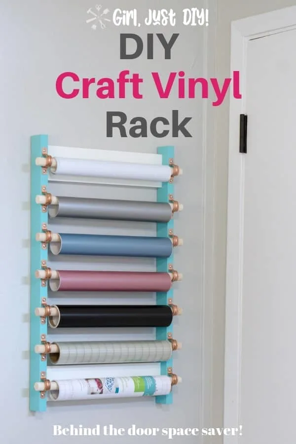 DIY Craft vinyl storage rack on wall behind door with text overlay for pinterest.
