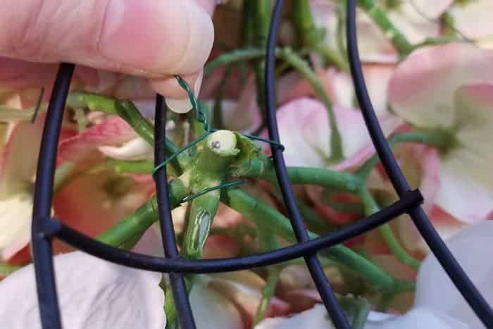 Twisting wire around hydrangea bloom on bottom of wreath.