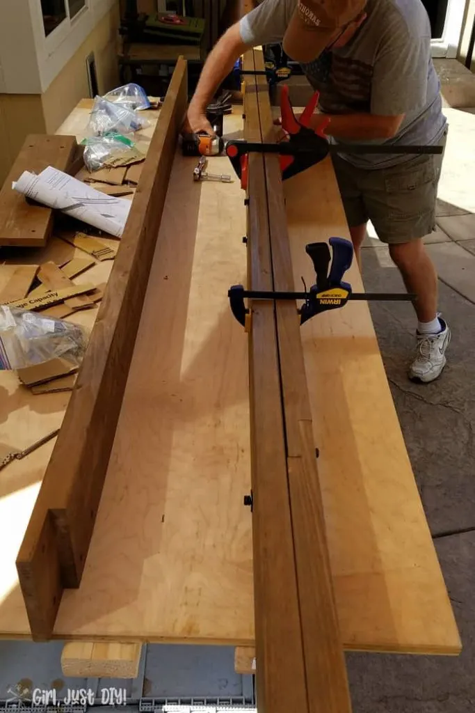Clamping fascia boards together for diy patio gazebo.