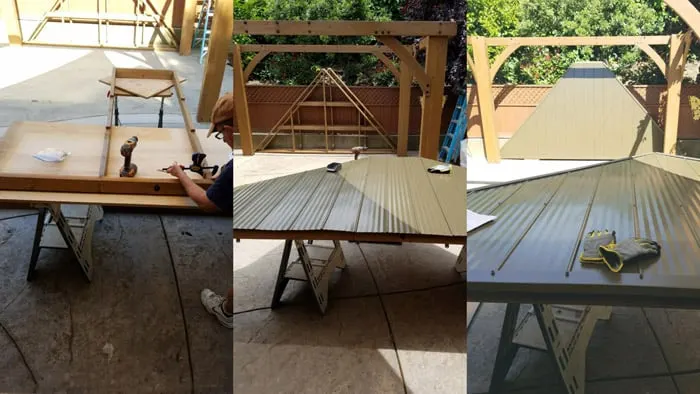 Trio of images assembling roof panels for diy patio gazebo.
