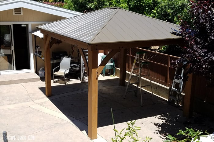 View of completed diy patio gazebo from the hill looking down.