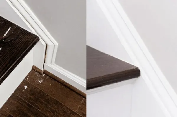 Stair treads before and after re-caulking.