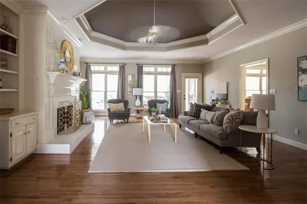 Staged living room with rug and sofa over hardwood floors.