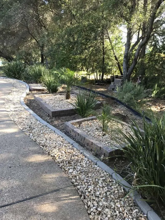 Brick and Edging filled with rocks next to concrete walkway.