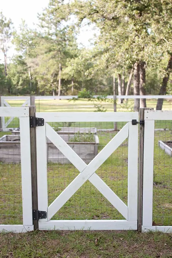 Garden gate and fencing around raised garden area.