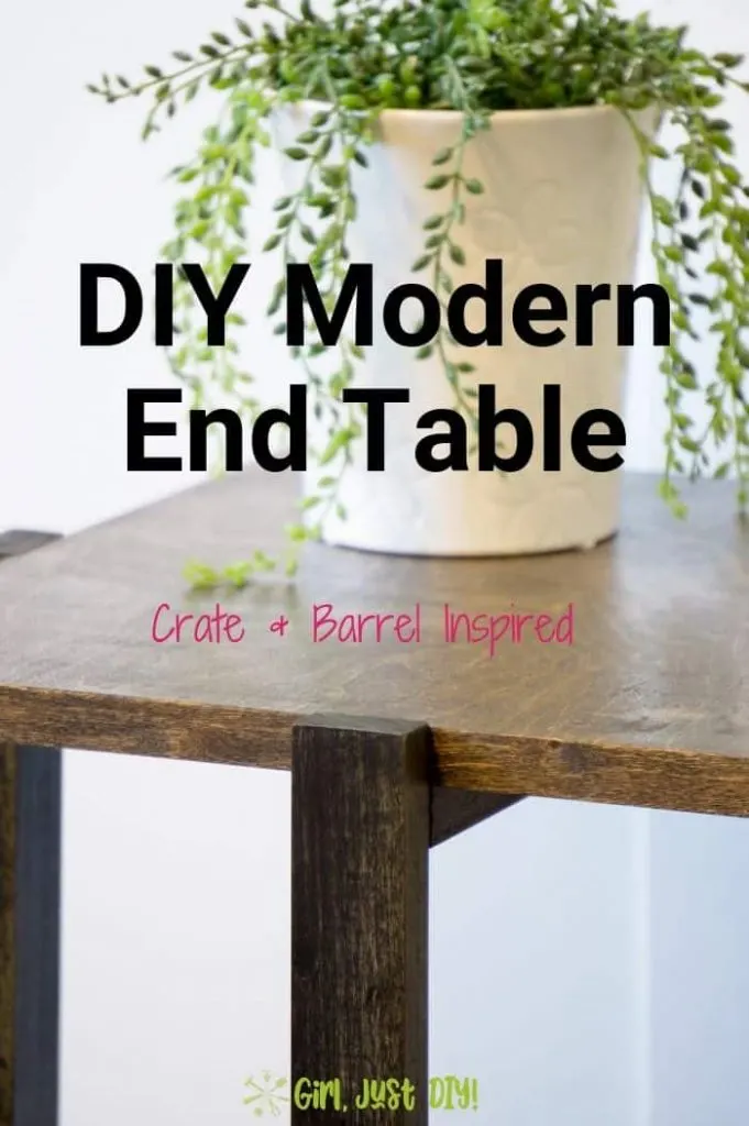 Close shot of diy modern end table with Pinterest text overlay