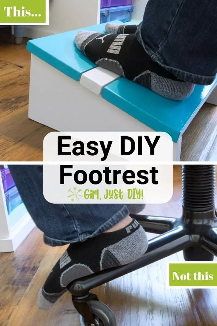 Collage showing diy footrest in use on top and bottom showing socked feet resting on rolling chair legs.