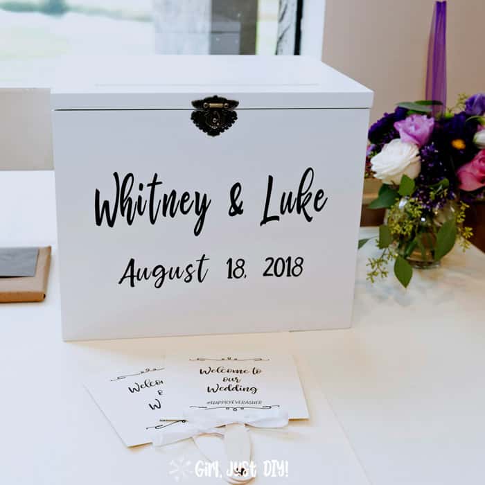 DIY Wedding card box on gift table at wedding reception.