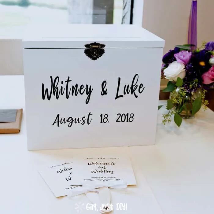DIY Wedding card box on gift table at wedding reception.