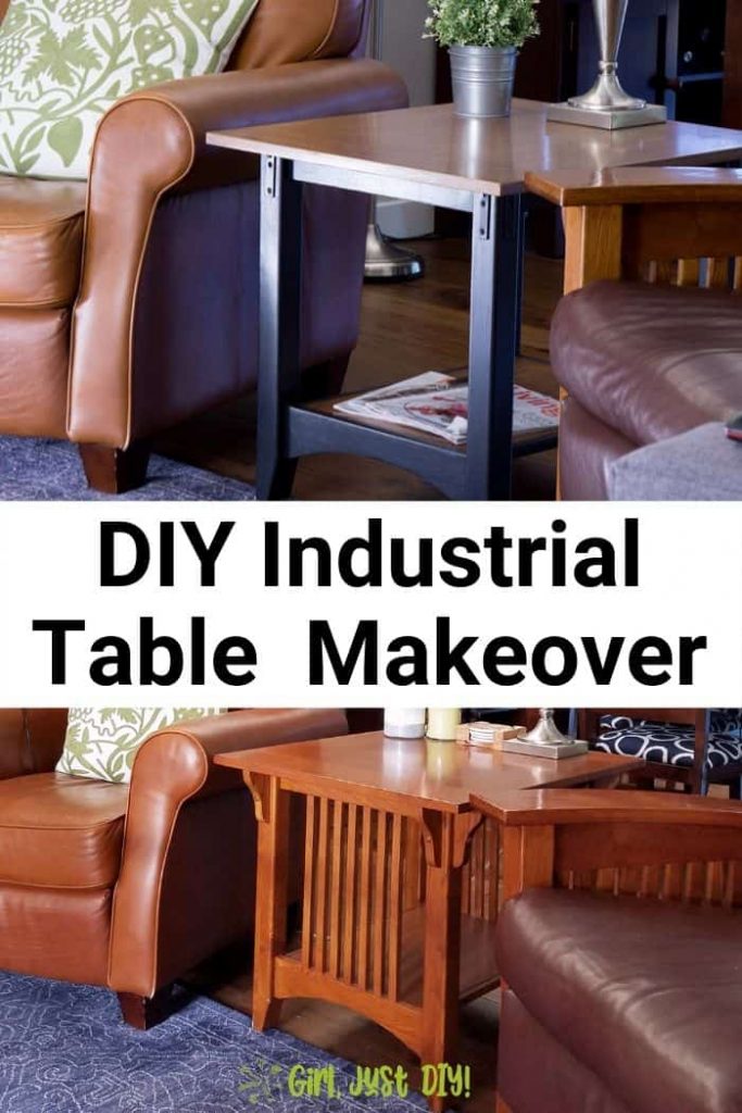Collage of DIY industrial end table makeover with before and after pictures.