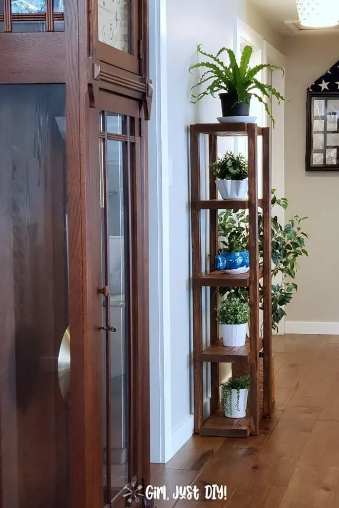 Looking at plant stand in hallway from living room past grandfather clock.
