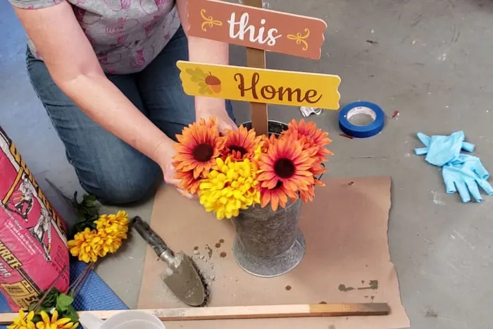 Adding sunflowers to mortar in galvanized bucket.