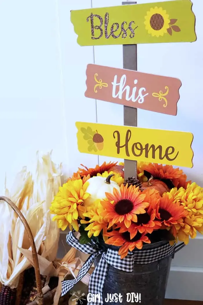 closeup of completed fall flower bucket diy