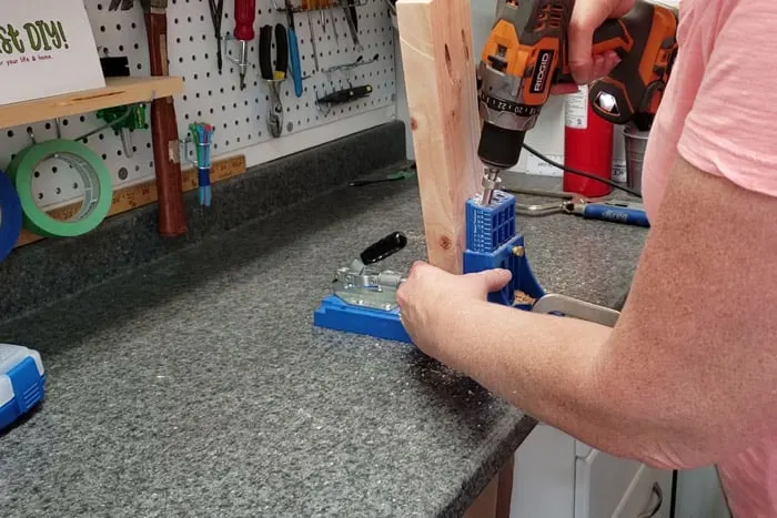 Drilling pocket holes for Modern 2x4 bench legs.