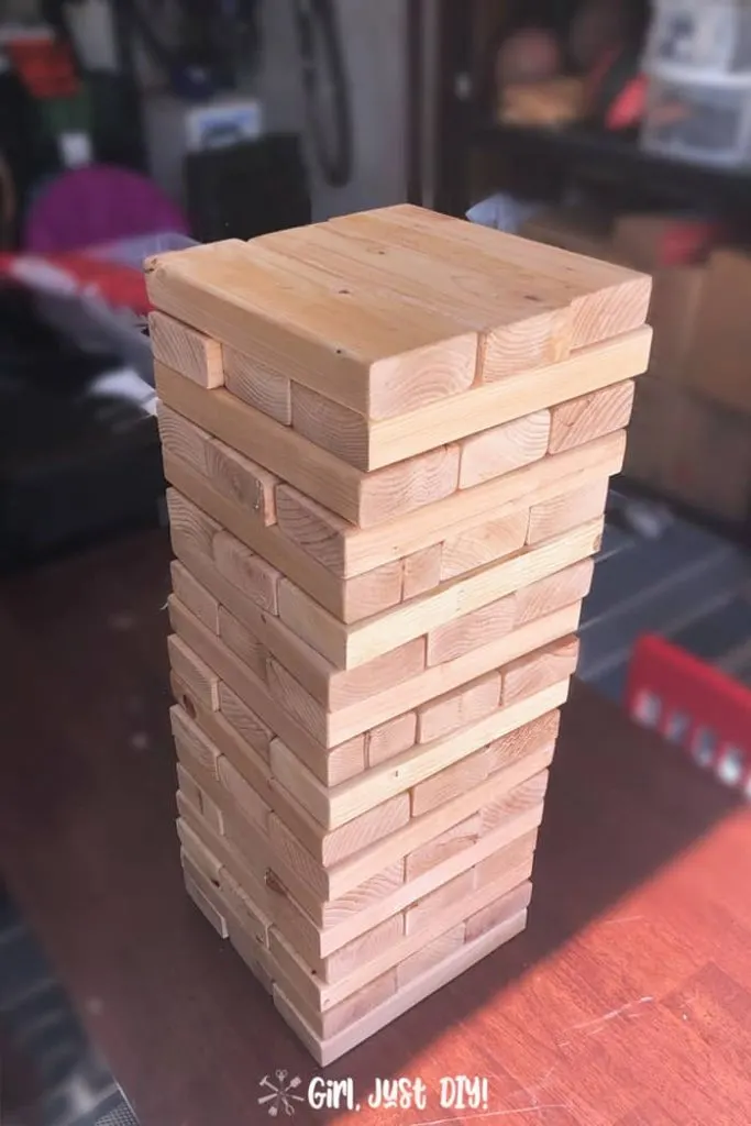 Opposite side of diy giant jenga game on table.