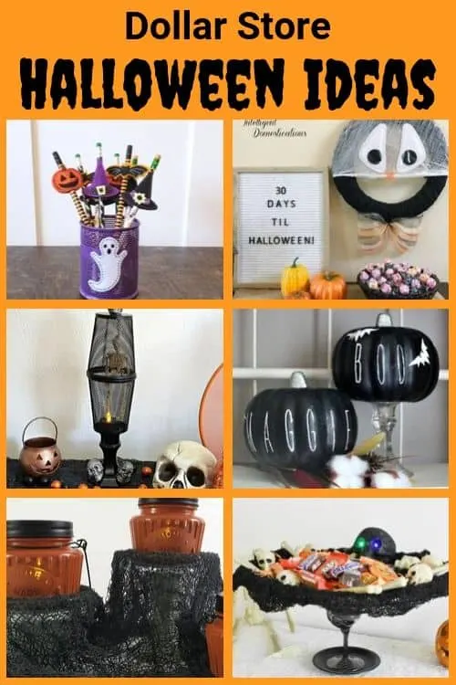 Collage of halloween dollar store projects with orange background.
