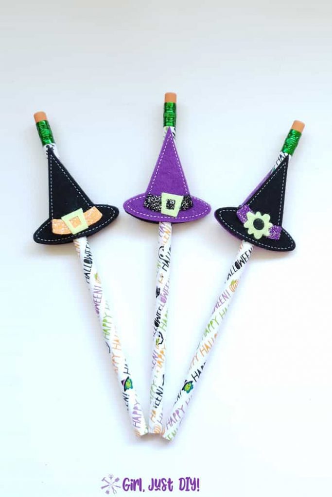Trio of Halloween Pencil witches hats in purple and black.