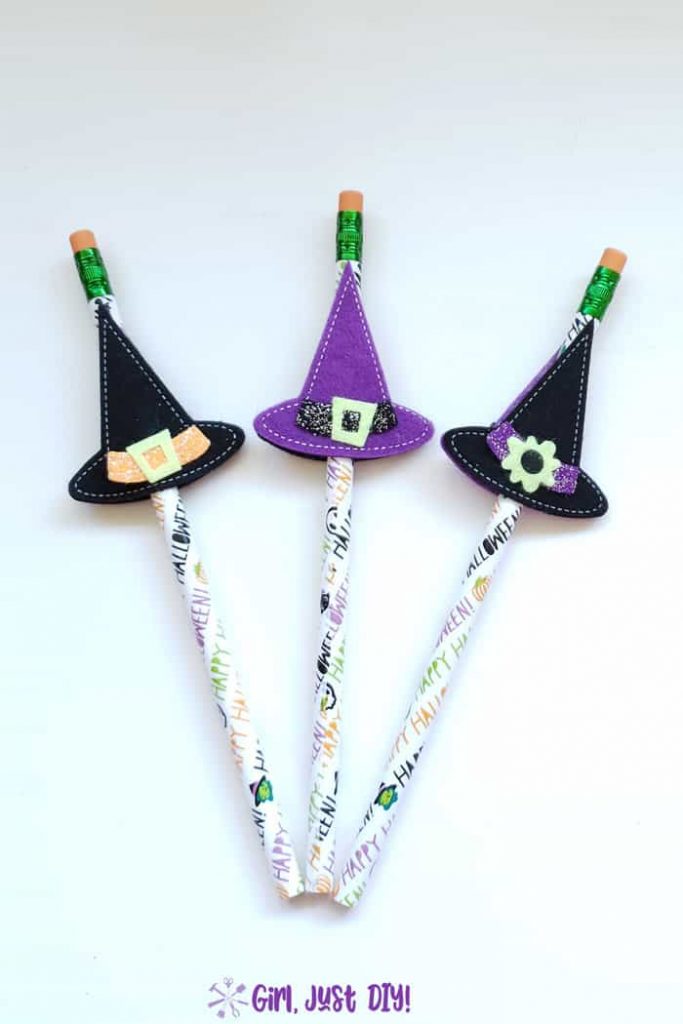 Trio of Halloween Pencil witches hats in purple and black.