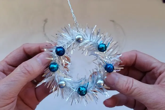 Closeup of completed Tinsel Mini Wreath Ornament