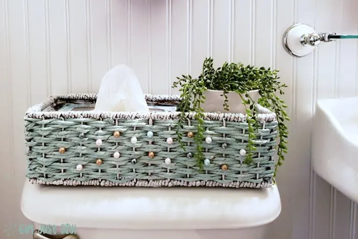 Painted wicker basket on back of toilet tank