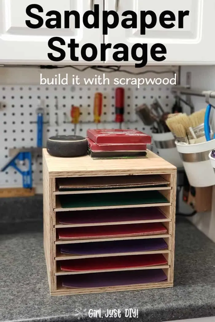 Sandpaper storage rack with text overlay for Pinterest