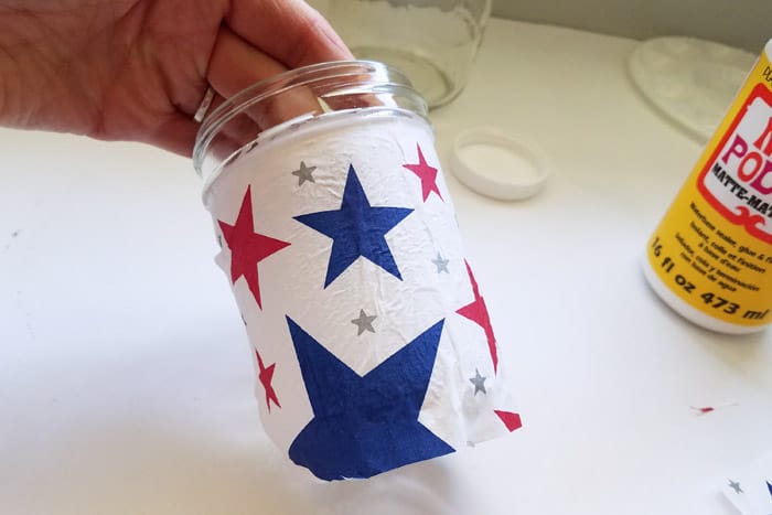 red white and blue star napkin mod podged to mason jar