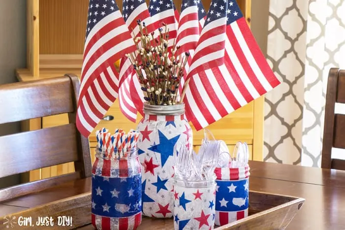 American Flags fill the patriotic mason jar centerpiece