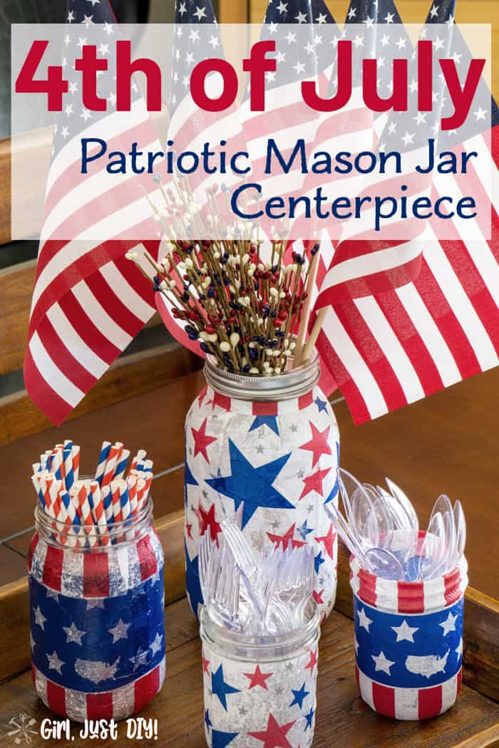 Patriotic Mason Jar Centerpiece with American Flags.