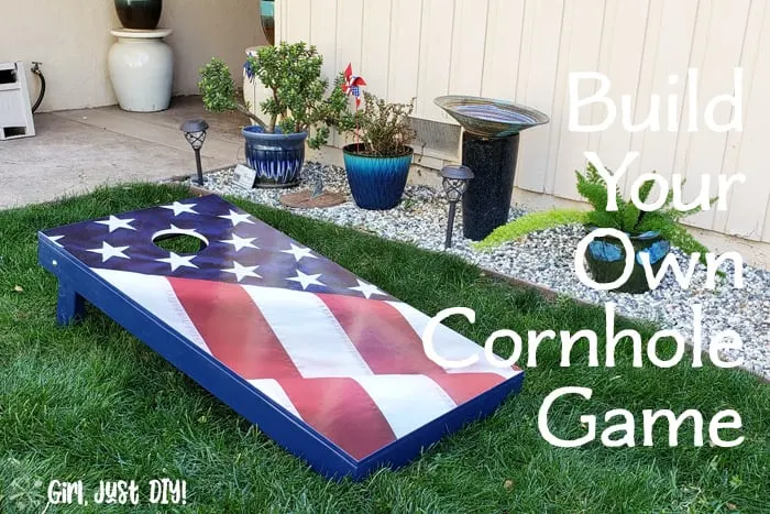 Cornhole board game next to fower bed with text overlay
