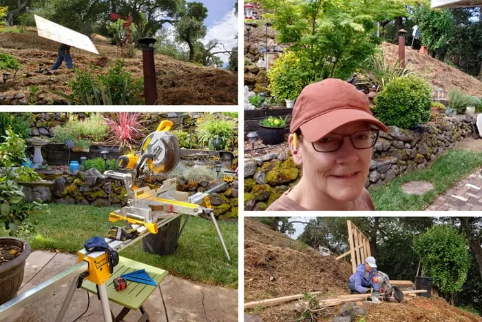 Collage of images from building a shed on a hill.