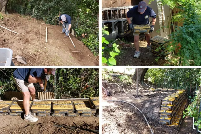 Collage of building a retaining wall with cement bags