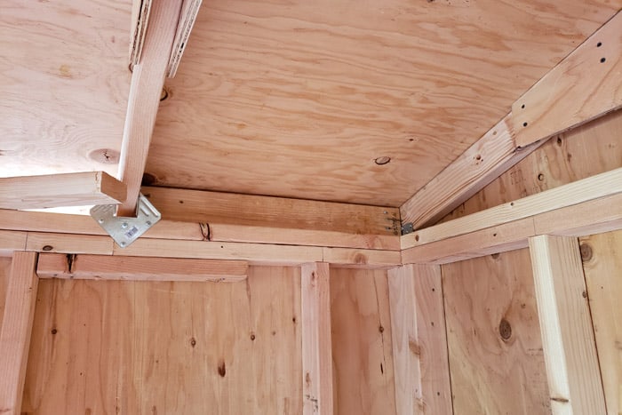 View of inside roof with trusses and framed wall.