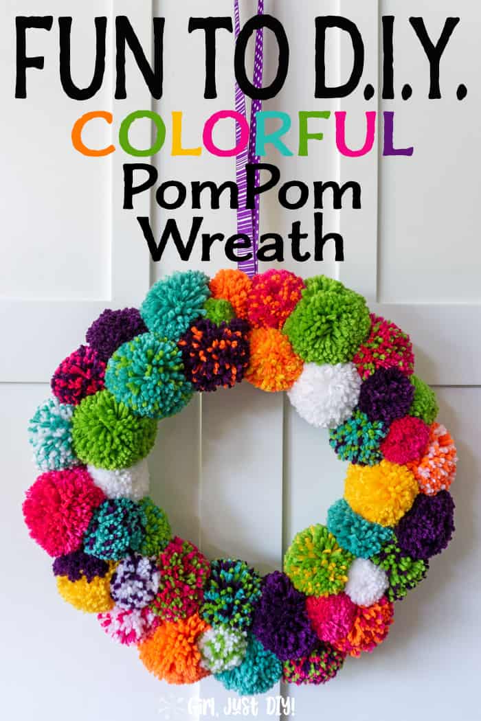 Tall picture of colorful pompom wreath with text overlay