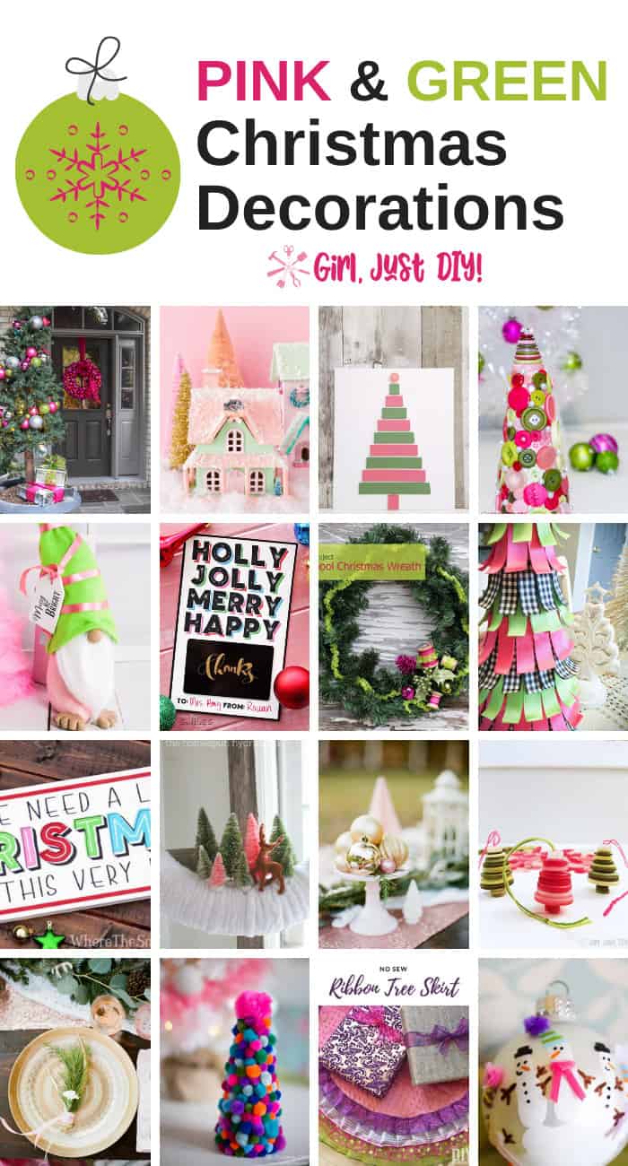 Collage of Pink and Green christmas decorations.
