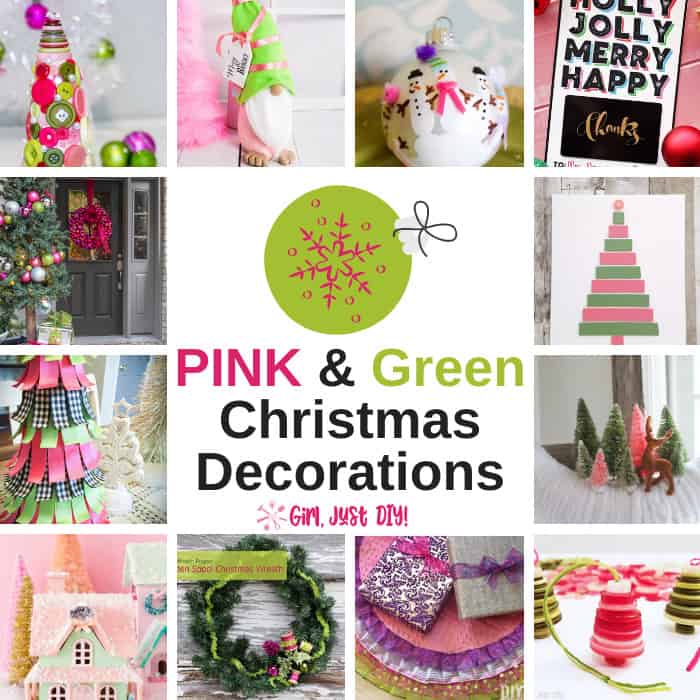 Collage of pink and green christmas decorations.