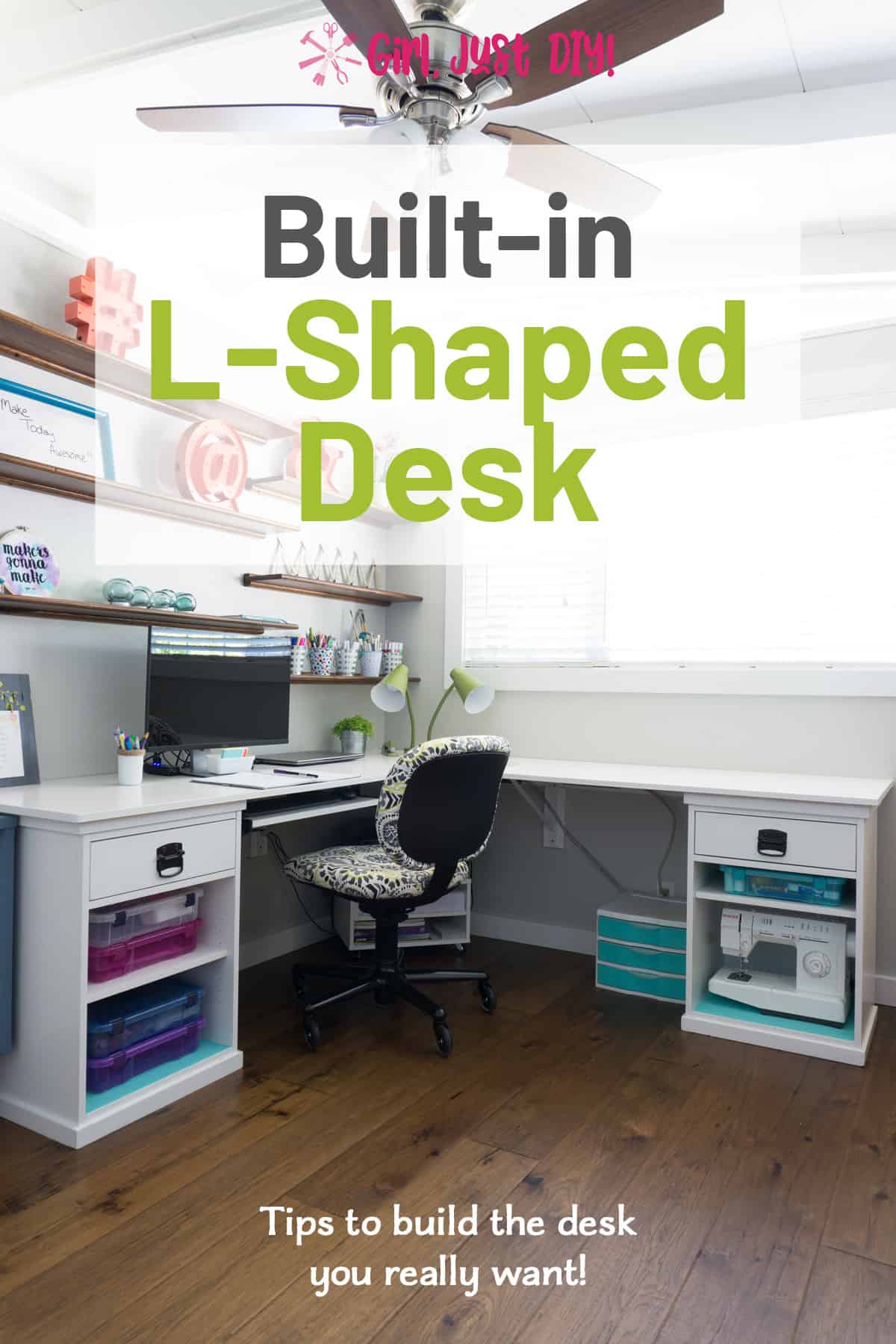 Corner Desk with desk chair and computer with text overlay for Pinterest